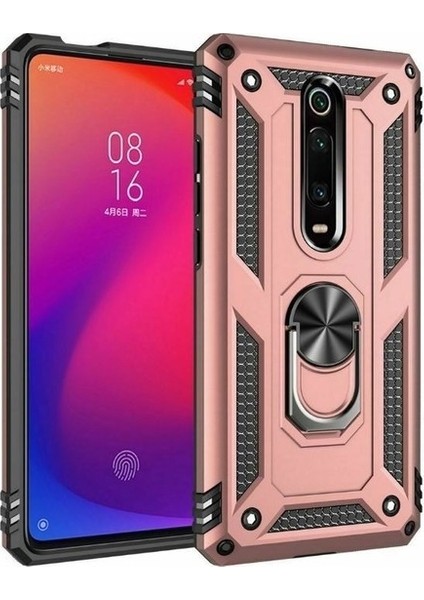 Xiaomi Mi 9T Kılıf Yüzüklü Standlı Manyetik Vega Kapak - Rose + Tam Kaplayan 5D Cam