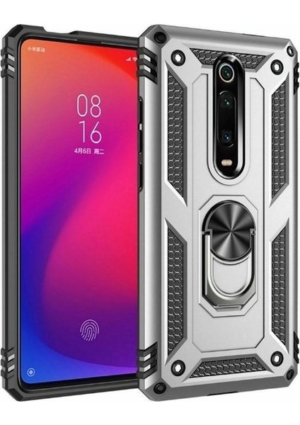 Tekno Grup Xiaomi Mi 9T Kılıf Yüzüklü Standlı Manyetik Vega Kapak - Gümüş + Tam Kaplayan 5D Cam