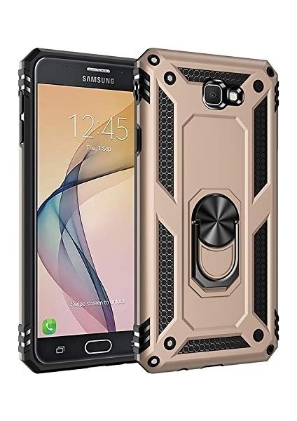 Samsung Galaxy J7 Prime Kılıf Yüzüklü Standlı Manyetik Vega Kapak - Gold + Tam Kaplayan 5D Cam - Gold