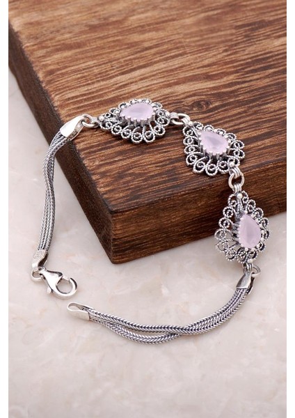 Pembe Quartz Taşlı Telkari İşlemeli Gümüş Bileklik 2955