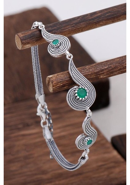 Kök Zümrüt Taşlı Tasarım Telkari Gümüş Bileklik 3125