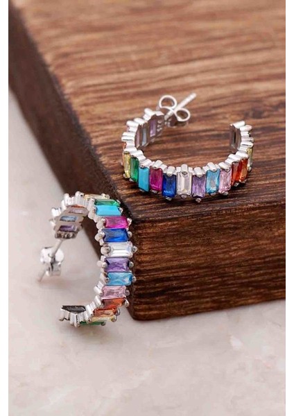 Baget Mix Taşlı Tasarım Gümüş Küpe 4077