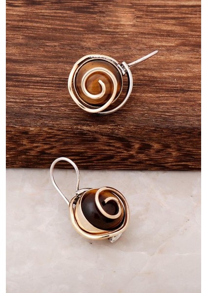 Kaplan Gözü Taşlı Tasarım Gümüş Küpe 4399