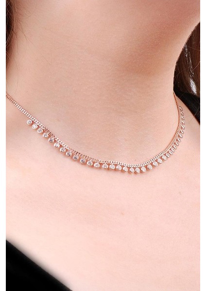 Choker Rose Gümüş Sıra Taşlı Tasarım Kolye 6469