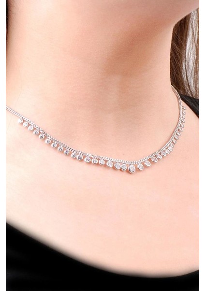 Choker Sıra Taşlı Tasarım Gümüş Kolye 6472
