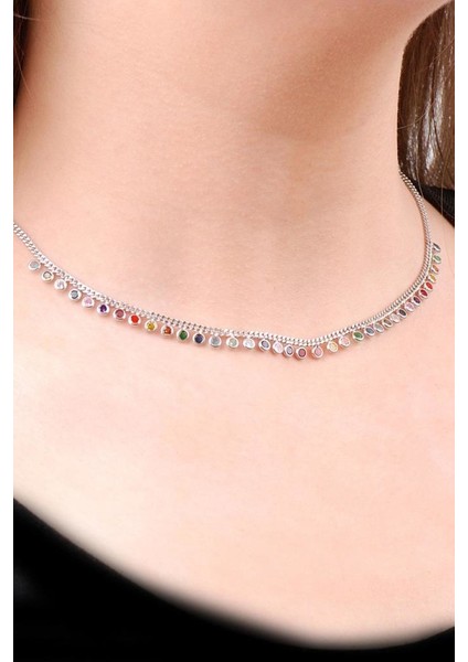 Choker Mix Sıra Taşlı Tasarım Gümüş Kolye 6474