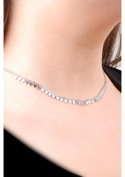 Choker Üçgen Pullu Tasarım Gümüş Kolye 6476