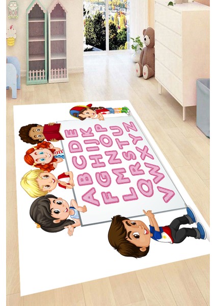 Kaymaz Taban Yıkanabilir Eğlenceli Harf Desenli Dijital Baskılı Halı