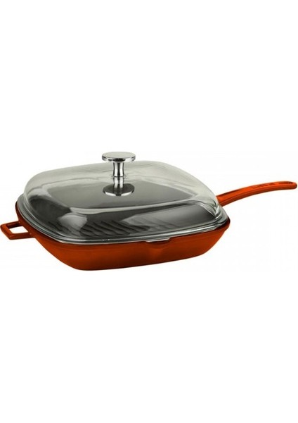 Grill Tava 26 x 26 cm Metal Saplı Cam Kapaklı Turuncu