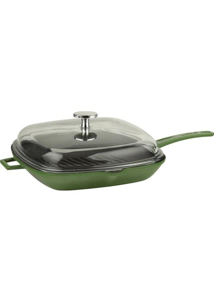Grill Tava 26 x 26 cm Metal Saplı Cam Kapaklı Yeşil