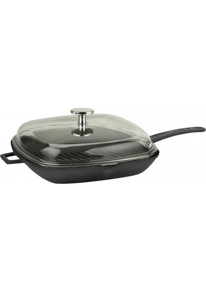 Grill Tava 28 x 28 cm Metal Saplı Cam Kapaklı Siyah