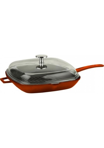 Grill Tava 28 x 28 cm Metal Saplı Cam Kapaklı Turuncu