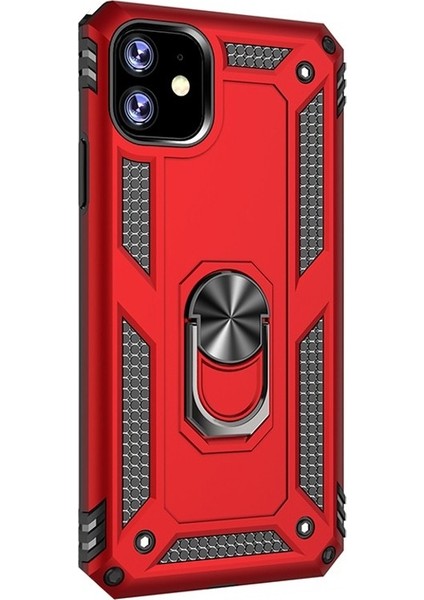 Apple iPhone 11 Kılıf Çift Katmanlı Yüzüklü Tank Vega Koruma + Nano Glass Kırmızı
