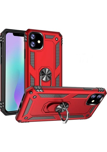 Apple iPhone 11 Kılıf Çift Katmanlı Yüzüklü Tank Vega Koruma + Nano Glass Lacivert