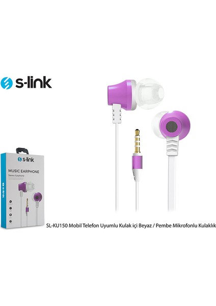 S-link SL-KU150 Mobil Uyumlu Taşıma Çantalı Kulak İçi Beyaz/Pembe Mikrofonlu Kulaklık