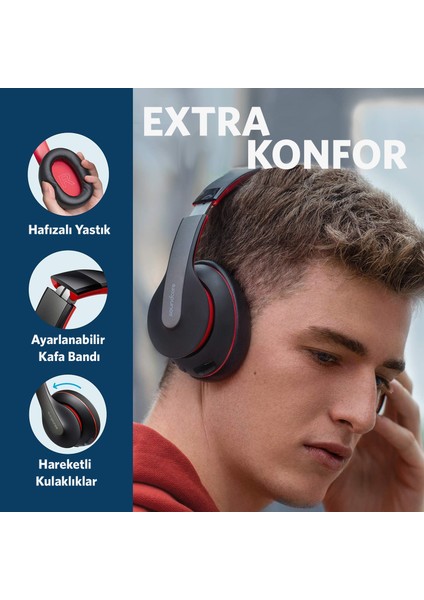 Soundcore Life Q10 Kablosuz Bluetooth 5.0 Kulaklık - 60 Saate Varan Çalma Süresi - Siyah Kırmızı - A3032 (Anker Türkiye Garantili)