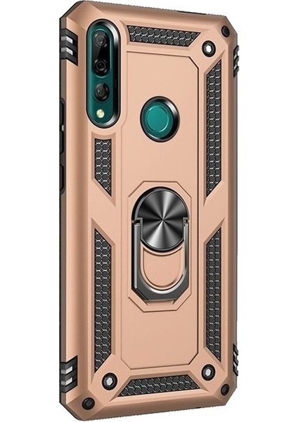 Huawei Y9 Prime 2019 Kılıf Çift Katmanlı Yüzüklü Tank Vega Koruma Kılıf+ Nano Glass Ekran Koruyucu Gold