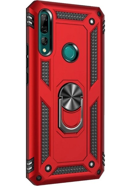 Huawei Y9 Prime 2019 Kılıf Çift Katmanlı Yüzüklü Tank Vega Koruma Kılıf+ Nano Glass Ekran Koruyucu Kırmızı
