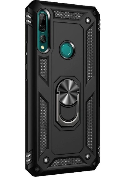 Huawei Y9 Prime 2019 Kılıf Çift Katmanlı Yüzüklü Tank Vega Koruma Kılıf+ Nano Glass Ekran Koruyucu Siyah
