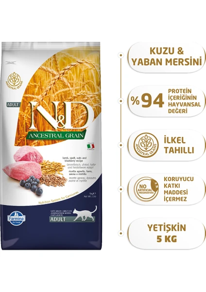 Düşük Tahıllı 5 kg Kuzu Etli Yaban Mersinli Yetişkin Kedi Maması