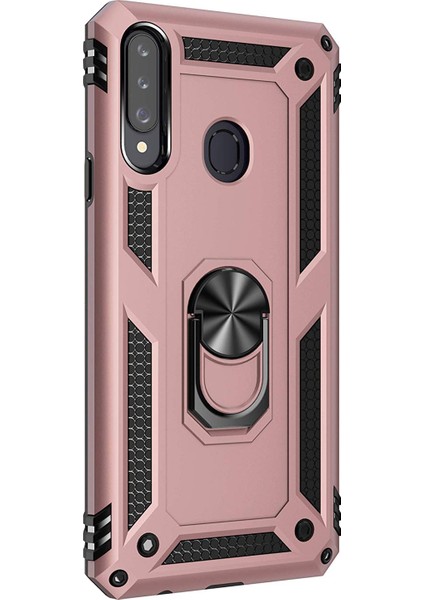 Samsung Galaxy A20s Kılıf Military Ring Holder - Rose Gold