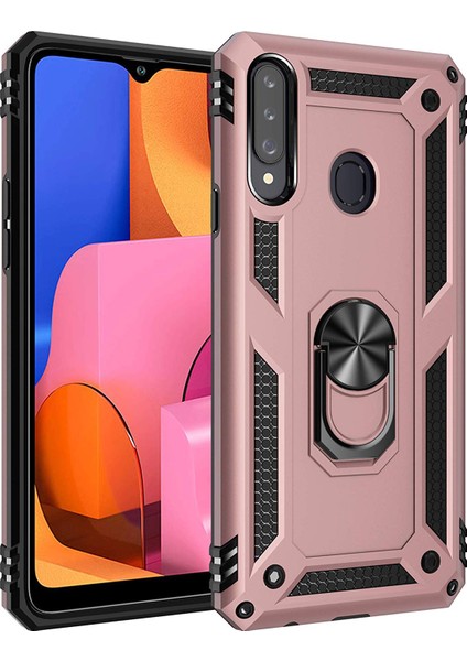 Samsung Galaxy A20s Kılıf Military Ring Holder - Rose Gold