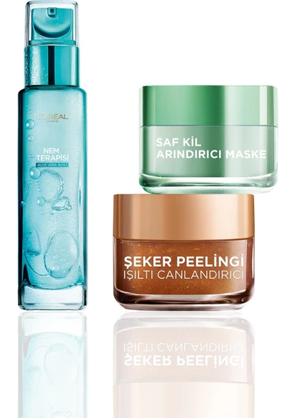 L'Oréal Paris  Saf Kil Detoks Maskesi + Işıltı Canlandırıcı Şeker Peeling + Nem Terapisi Aloe Vera Suyu Cilt Bakım Seti 