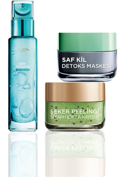 L'Oréal Paris  Saf Kil Detoks Maskesi + Siyah Nokta Karşıtı Şeker Peeling Kivi Tohum + Nem Terapisi Aloe Vera Suyu Cilt Bakım Seti 