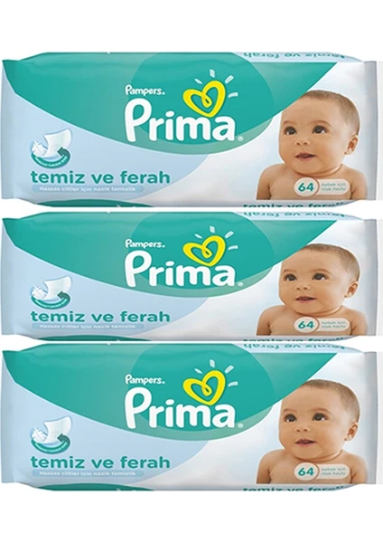 Pampers Prima Wipes Temiz ve Ferah Islak Havlu 64 Yaprak 3'lü Paket