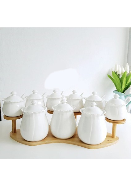 9 Parça Kaşıklı Bambu Standlı Porselen Baharat Takımı