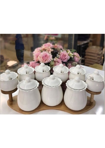 9 Parça Kaşıklı Bambu Standlı Porselen Baharat Takımı fiyatları