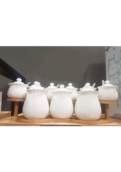 9 Parça Kaşıklı Bambu Standlı Porselen Baharat Takımı modelleri