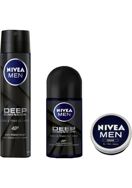 Men Deep Dimension Sprey Deodorant Erkek 150 ml + Nivea Men Deep Dımensıon Roll - On Deodorant Erkek 50 ml + Nivea Erkek Krem 30 ml