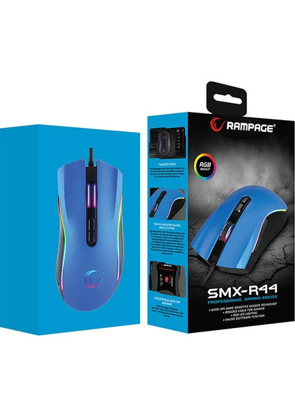 SMX-R44 Makrolu 6400DPI RGB Ledli Oyuncu Mouse - Mavi