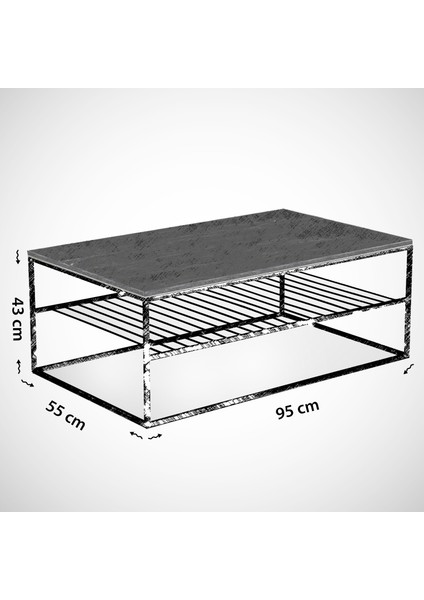 Etna Metal Ayaklı Orta Sehpa, Raflı Dikdörtgen Sehpa, Ceviz
