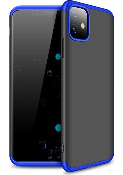 Apple iPhone 11 Kılıf 3 Parça 360 Soft Hard Koruma Siyah-Mavi