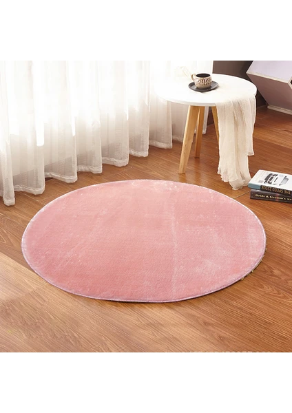 80 x 80-cm Yuvarlak Düz Renk Peluş Pofuduk Kaymaz Jel Taban Pembe Renk Halı