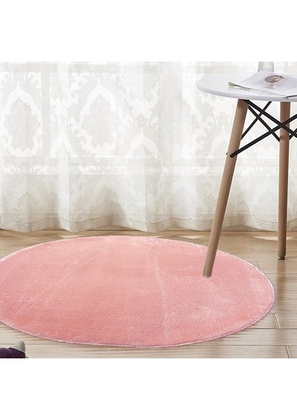 80 x 80-cm Yuvarlak Düz Renk Peluş Pofuduk Kaymaz Jel Taban Pembe Renk Halı