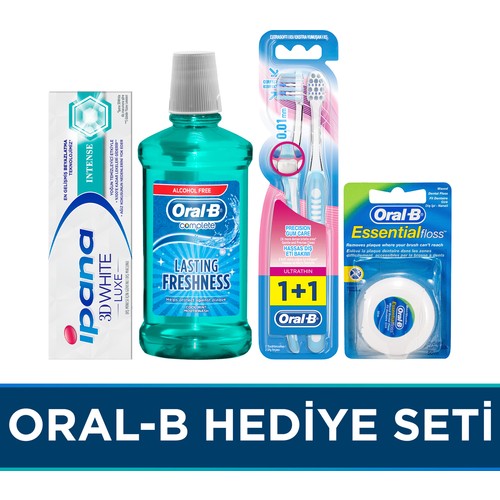 Oral-b Hediye Seti Ultra Thin 2'li Manuel Fırça + Essential Floss Diş İpi 50 m +  Ağız Çalkalama Suyu Komple Bakım 500 ml + İpana 3 Boyutlu Beyazlık Luxe Intense 75 ml Diş Macunu