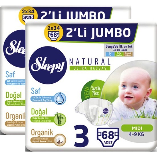 Sleepy Natural Bebek Bezi 2�li Jumbo 3 Beden 49 kg 68 Adet Fiyatı