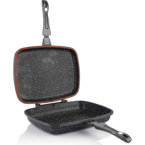 Schafer Grillpan Çift Taraflı Yanmaz Yapışmaz Kare Grill Tava - 32 cm - Gri