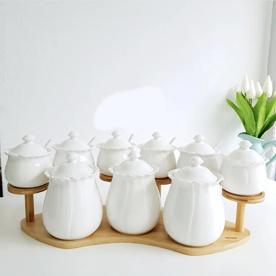 Arow 9 Parça Kaşıklı Bambu Standlı Porselen Baharat Takımı