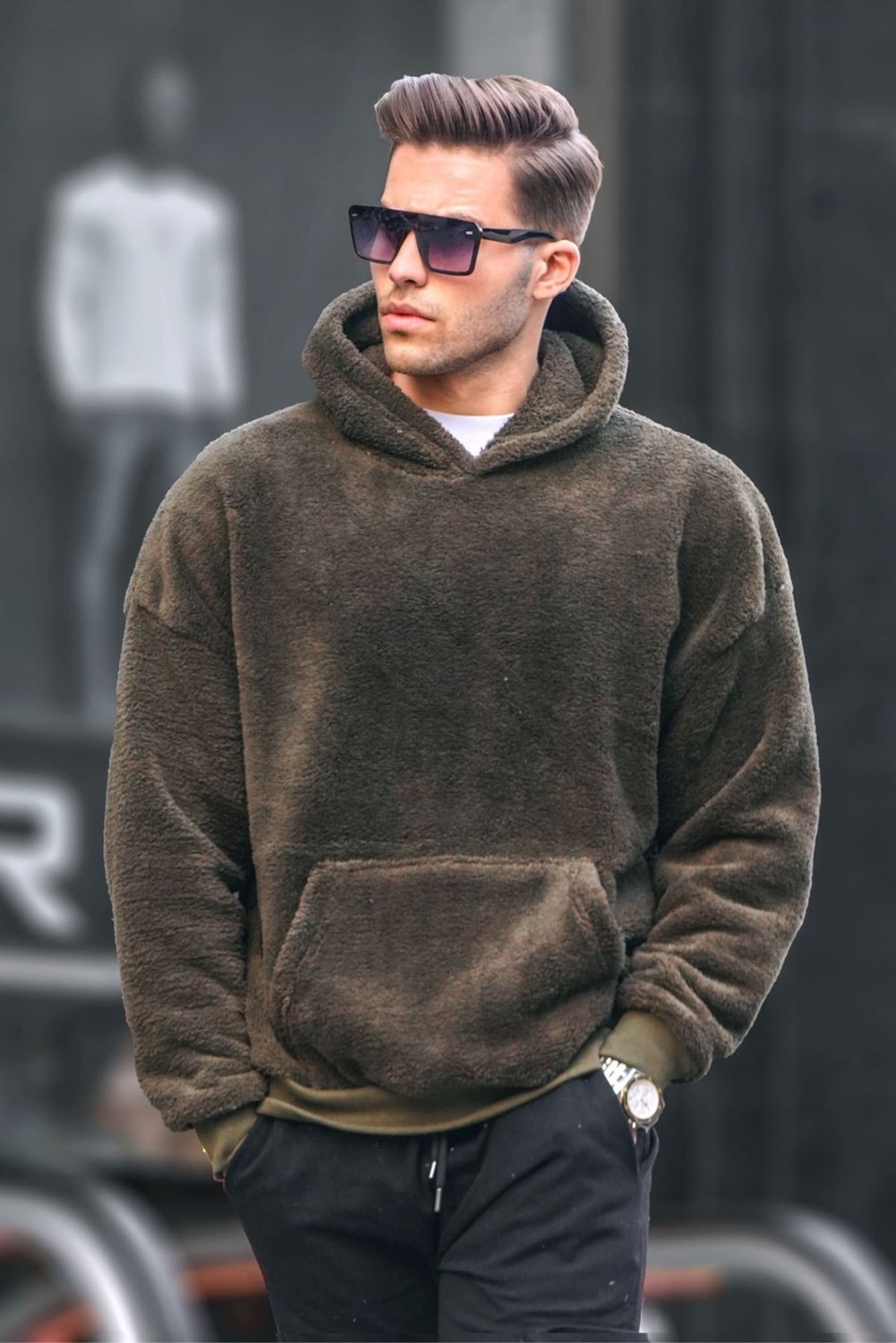 Madmext Kahverengi Peluş Kapüşonlu Erkek Sweatshirt 6050 görsel 3