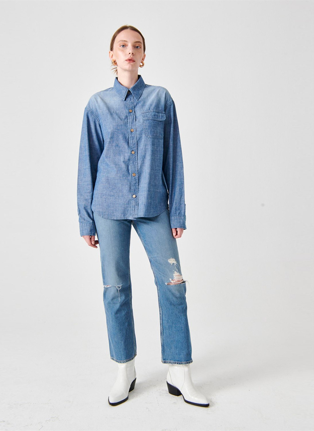 Denim Trip Regular Fit Açık İndigo Chambray Kadın Jean Gömlek görsel 2