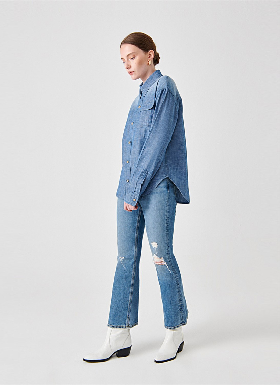 Denim Trip Regular Fit Açık İndigo Chambray Kadın Jean Gömlek görsel 3
