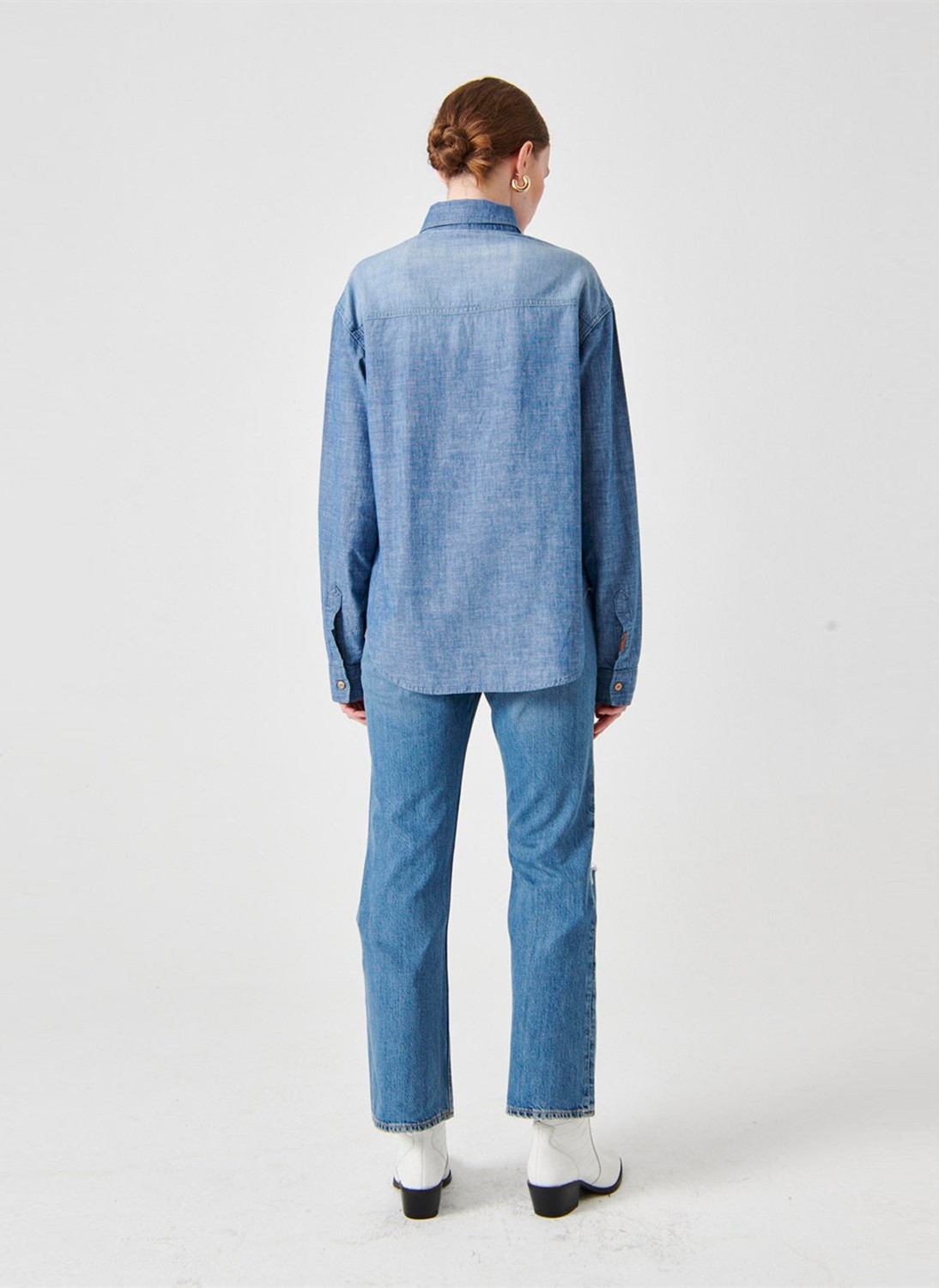 Denim Trip Regular Fit Açık İndigo Chambray Kadın Jean Gömlek görsel 5