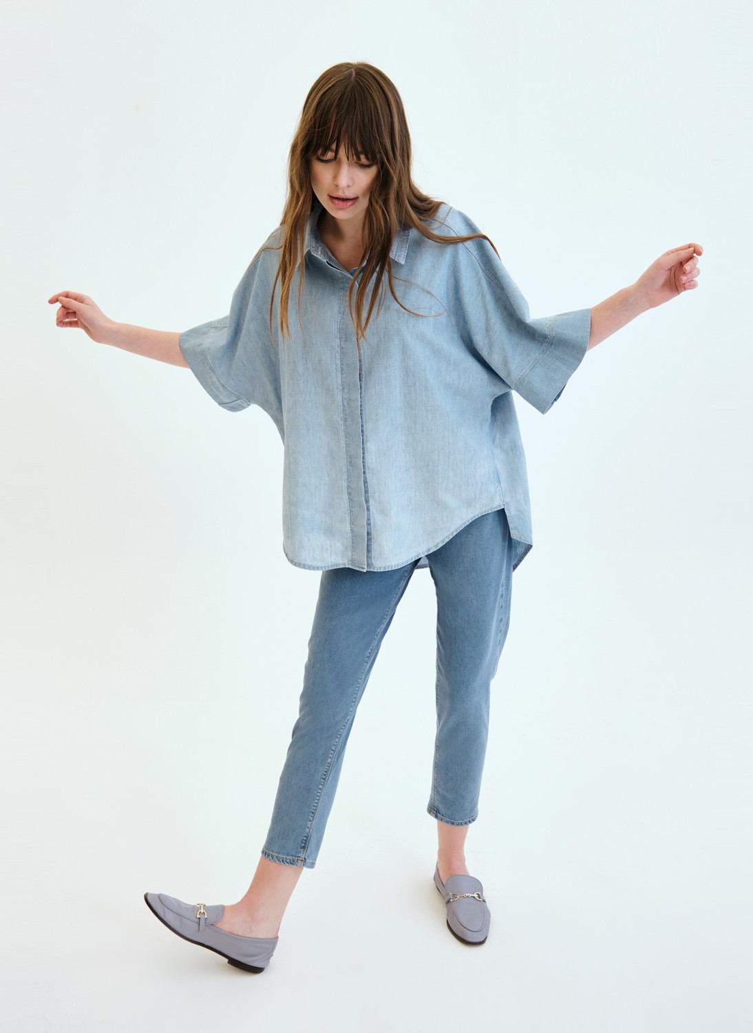 Denim Trip Oversize Fit Piliseli Roba Vintage Açık İndigo Kadın Jean Gömlek