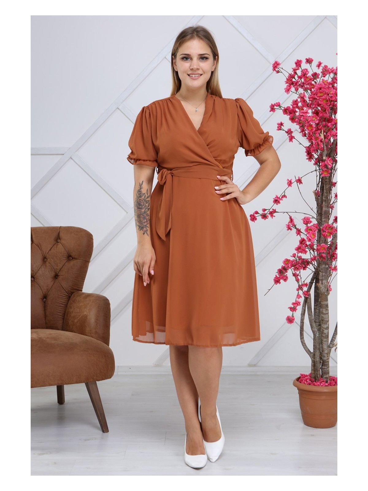 Apsen Kadın Kruvaze Yaka Kuşaklı Büyük Beden Midi Boy Şifon Elbise 4255-110 - Görsel 10