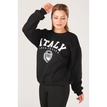 Giyim Dünyası Kadın Sıfır Yaka Italy Baskı Oversize Sweatshirt Siyah