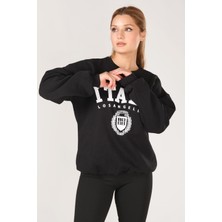 Giyim Dünyası Kadın Sıfır Yaka Italy Baskı Oversize Sweatshirt Siyah